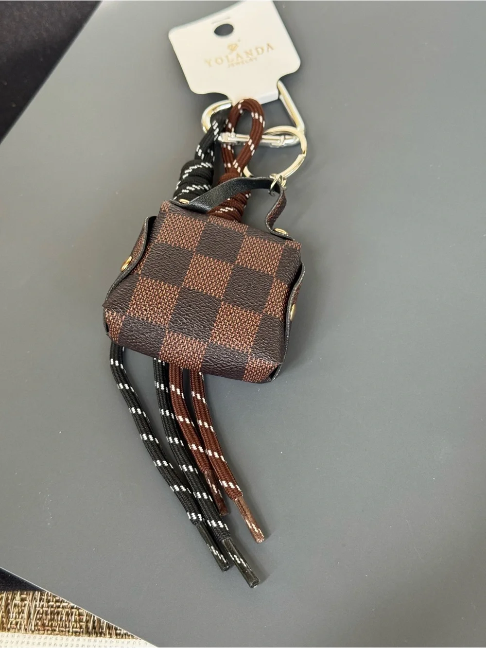 Mini Checkered Brown Faux Leather Bag Keychain